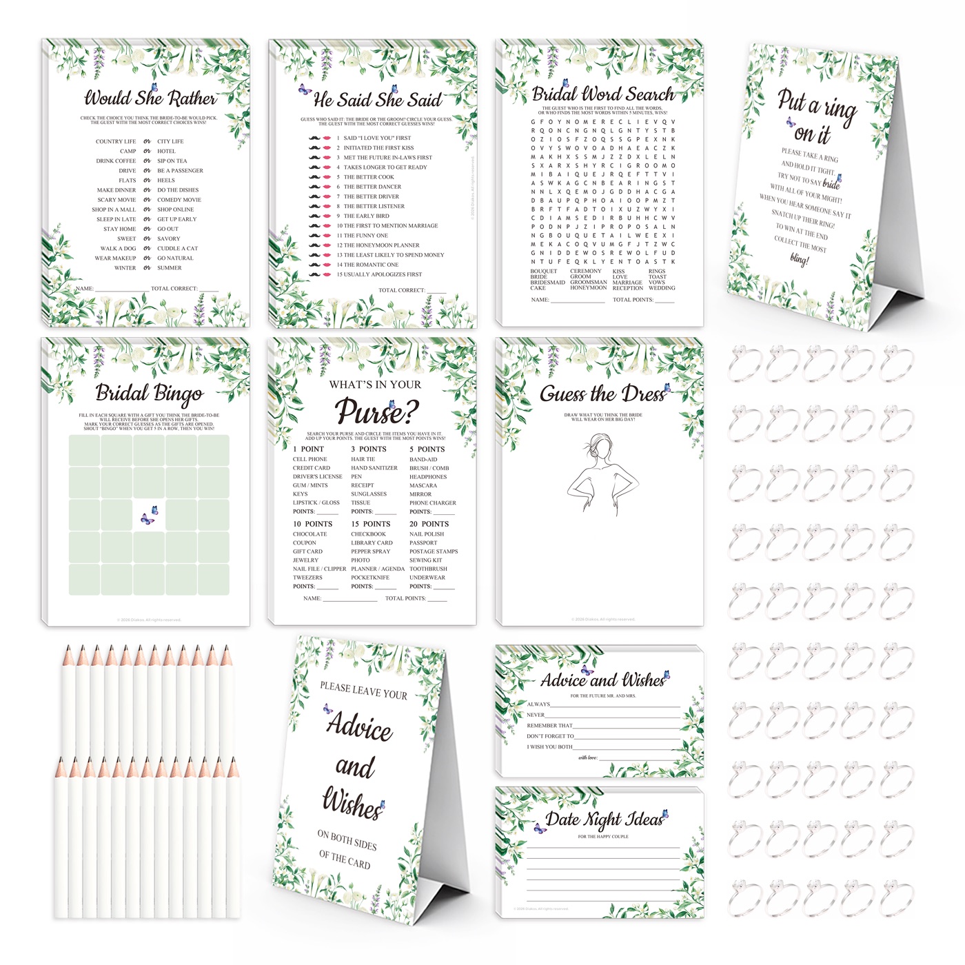 8-in-1 Bridal Shower Games Set for 50 Guests, Floral Theme
