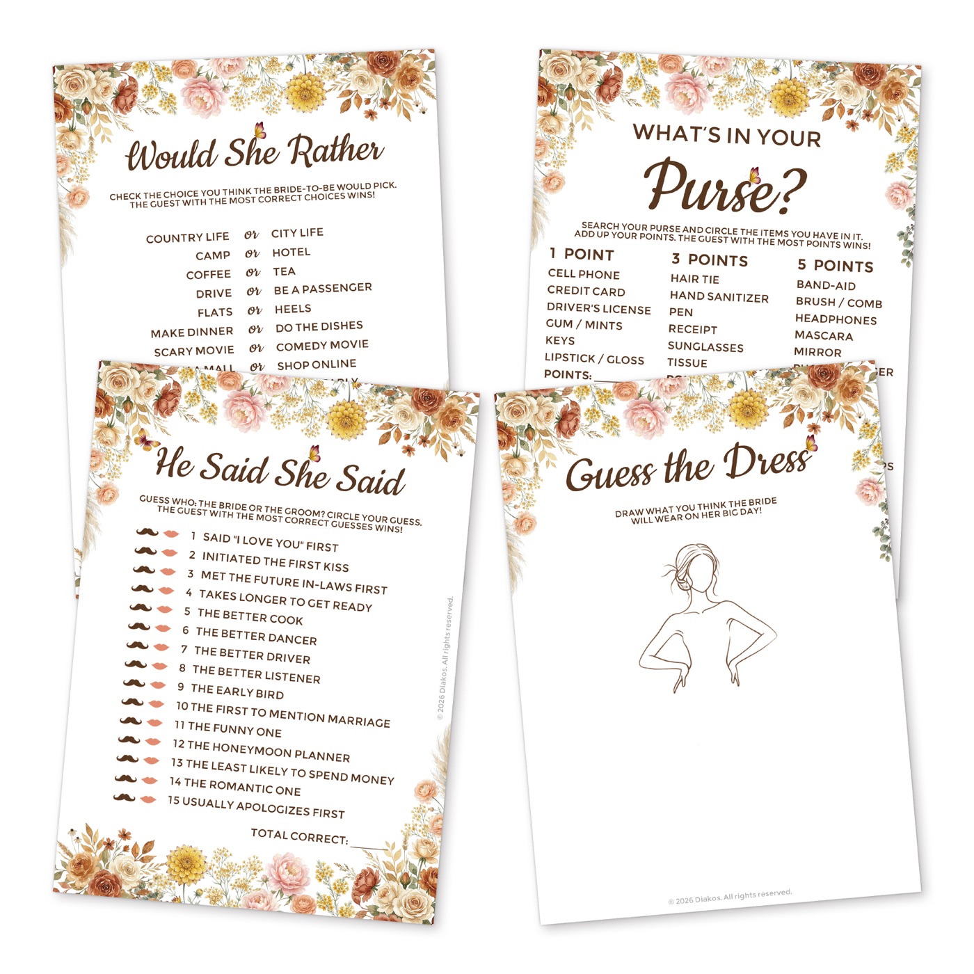 4-in-1 Terracotta Boho Bridal Shower Games Set for 50 Guests