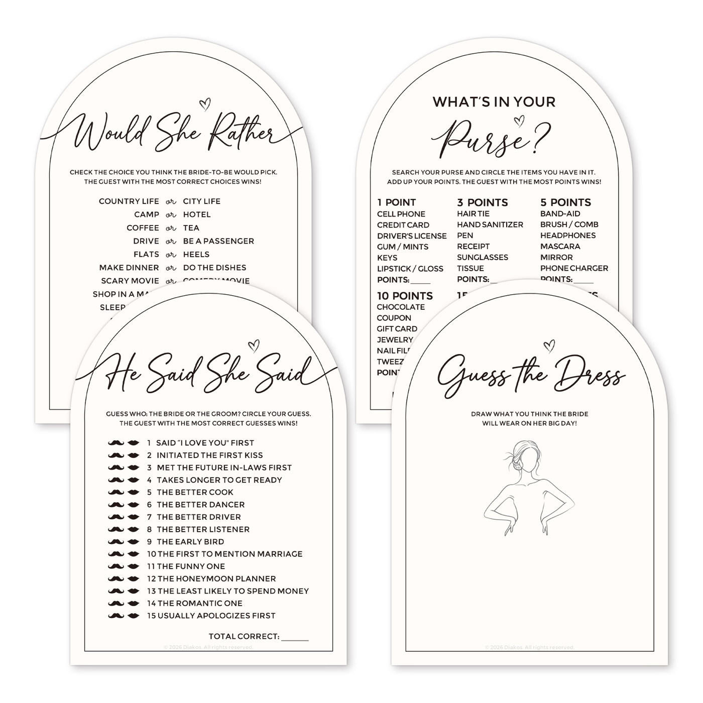 4-in-1 Minimalist Arch Bridal Shower Games Set for 50 Guests