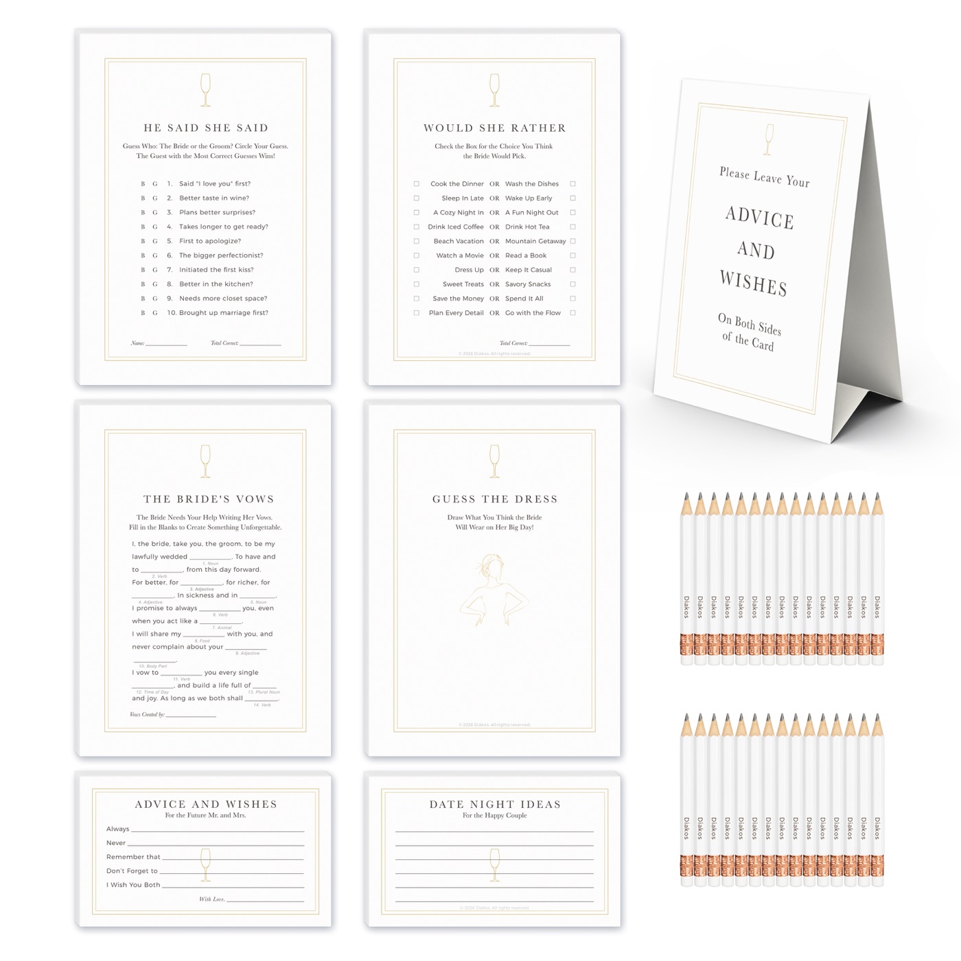 5-in-1 Champagne Gold Bridal Shower Games Set for 30 Guests