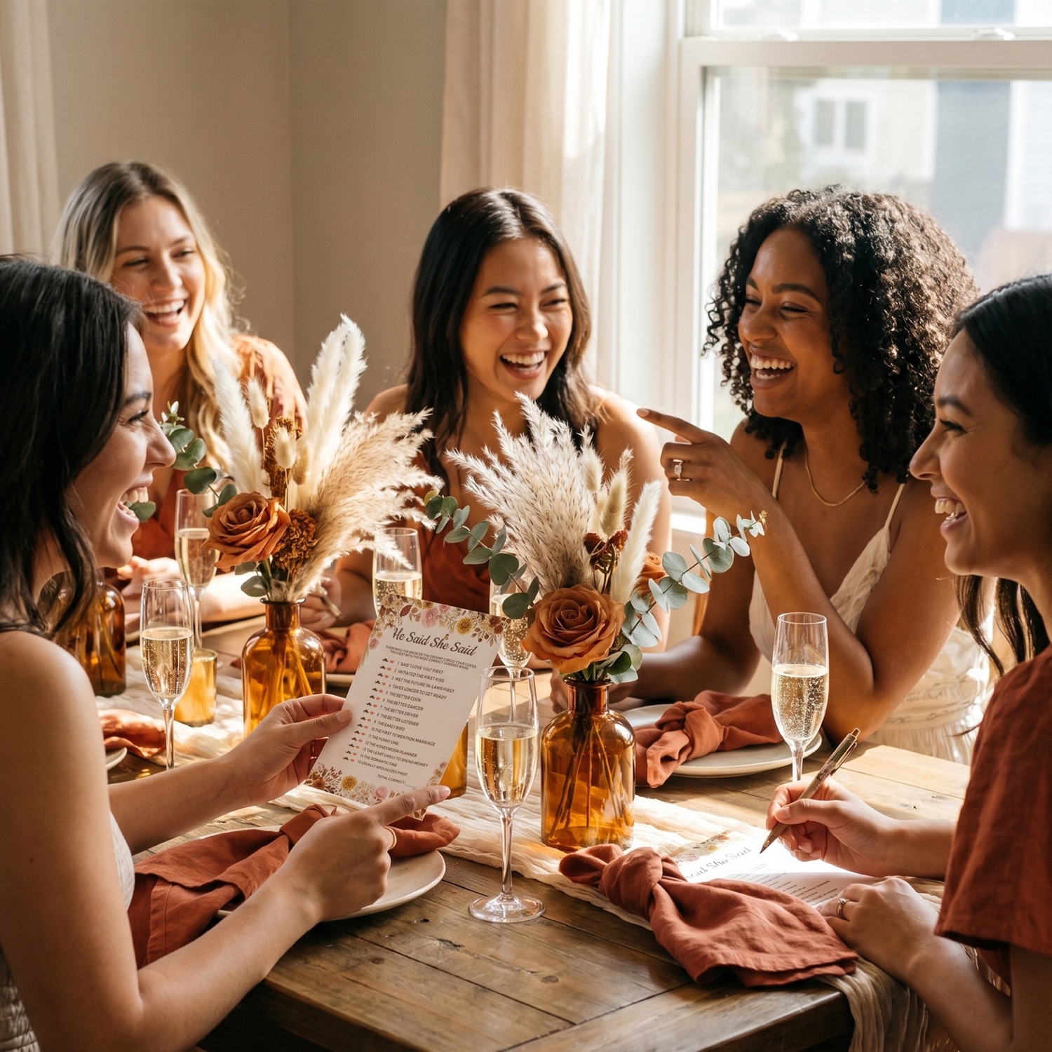 Friends laughing together at a bridal shower with Diakos game cards